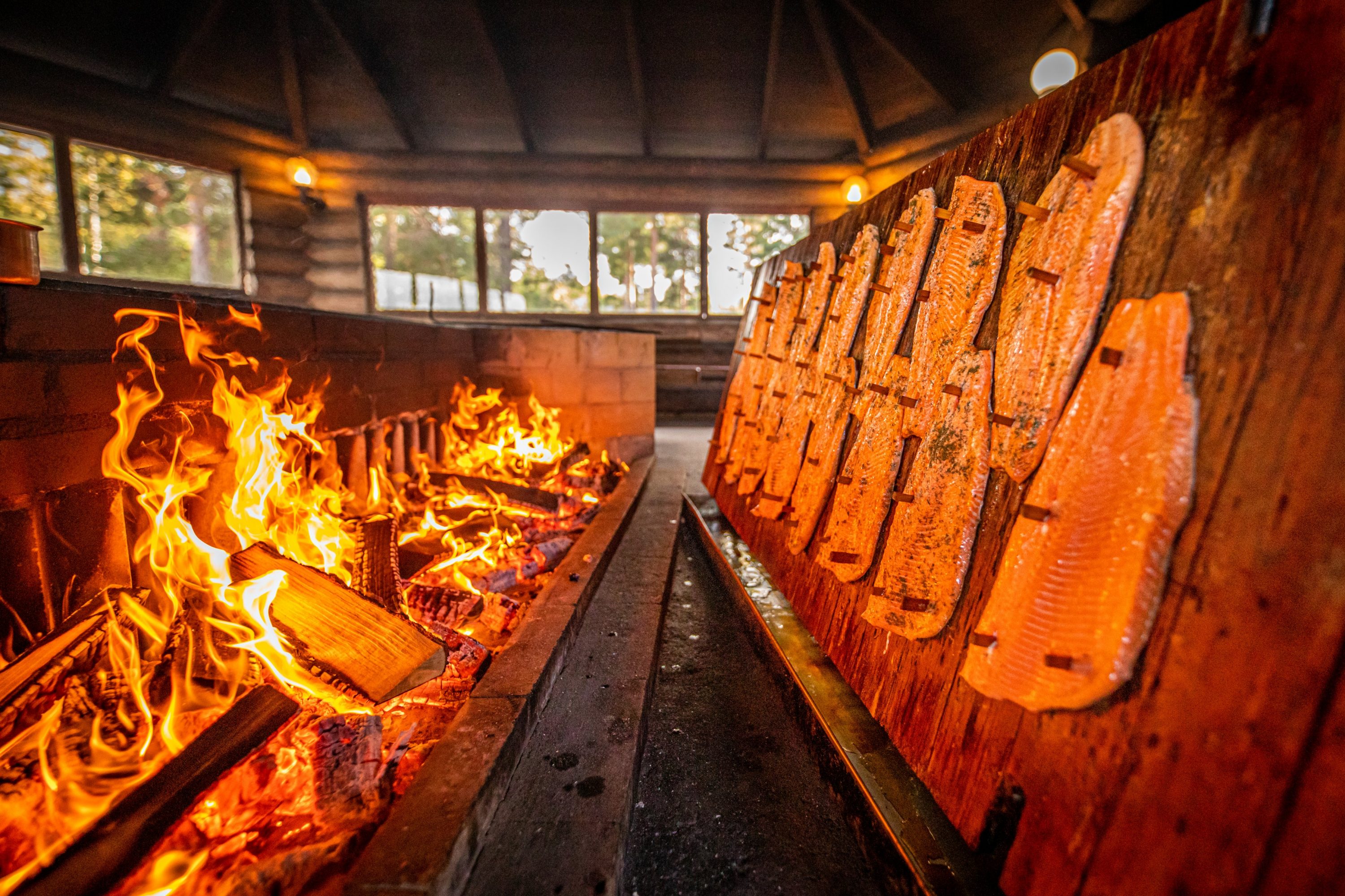 Cooking salmon by open fire