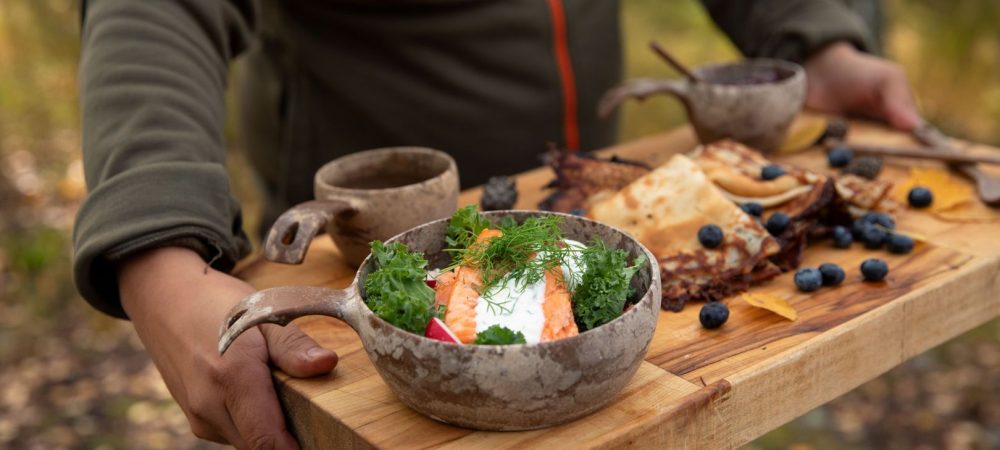 A dinner cooked outdoors