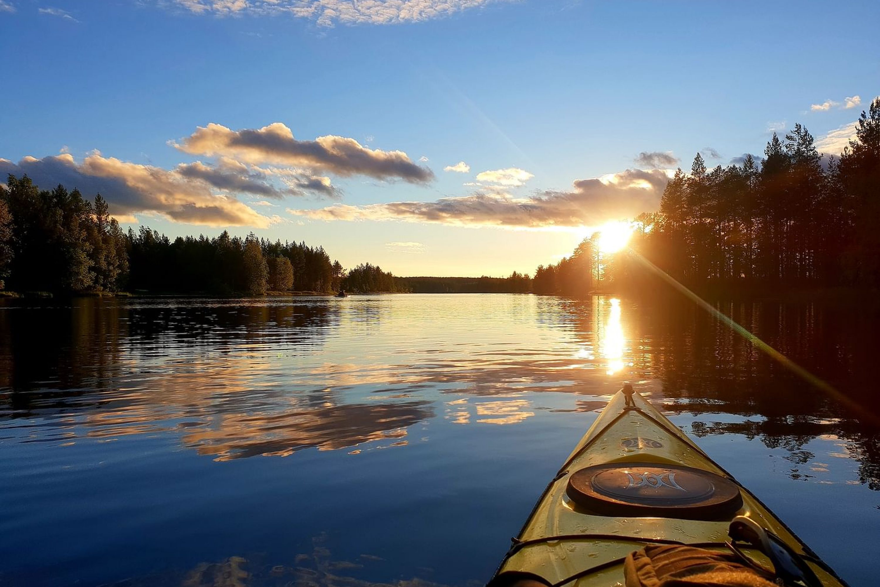 Meloja lipumassa kohti auringonlaskua tyynellä järvellä