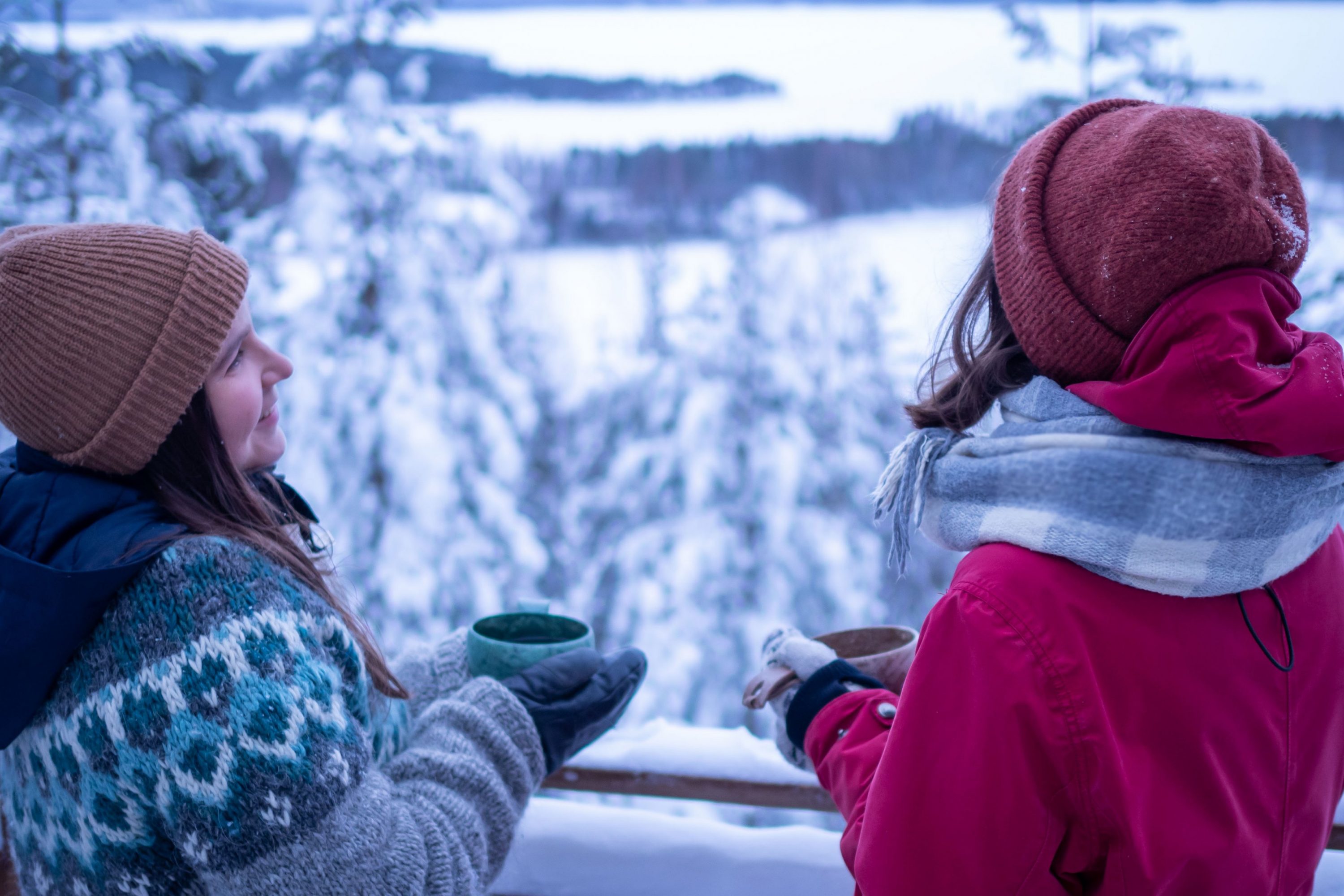 Kaksi naista katselemassa talvisia maisemia