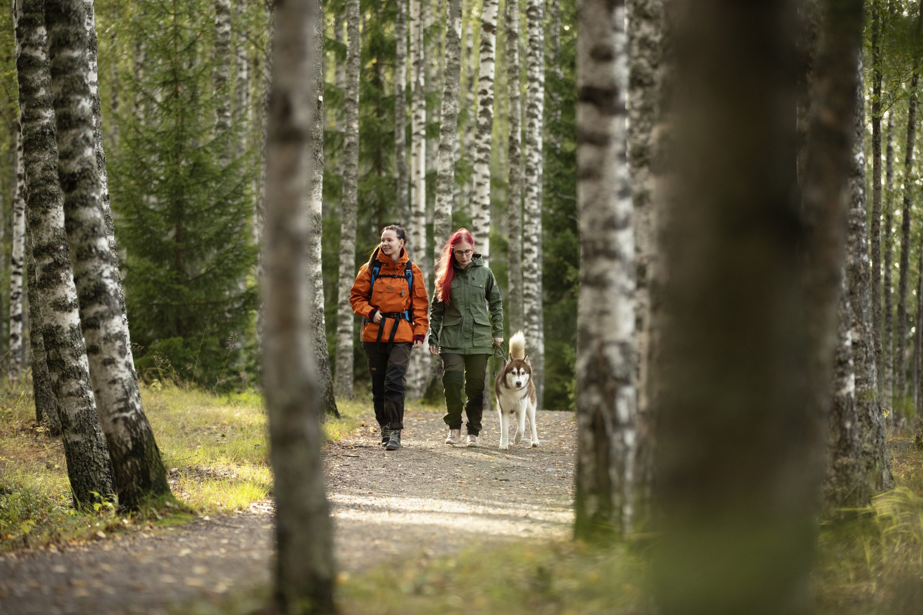 Two women walking in the forest with a dog