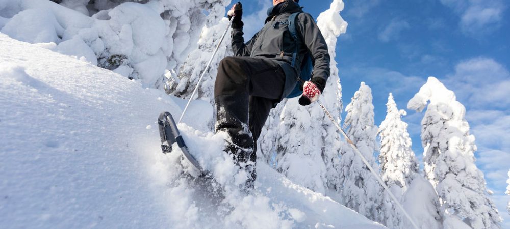 A man snowshoeing in snowy forest