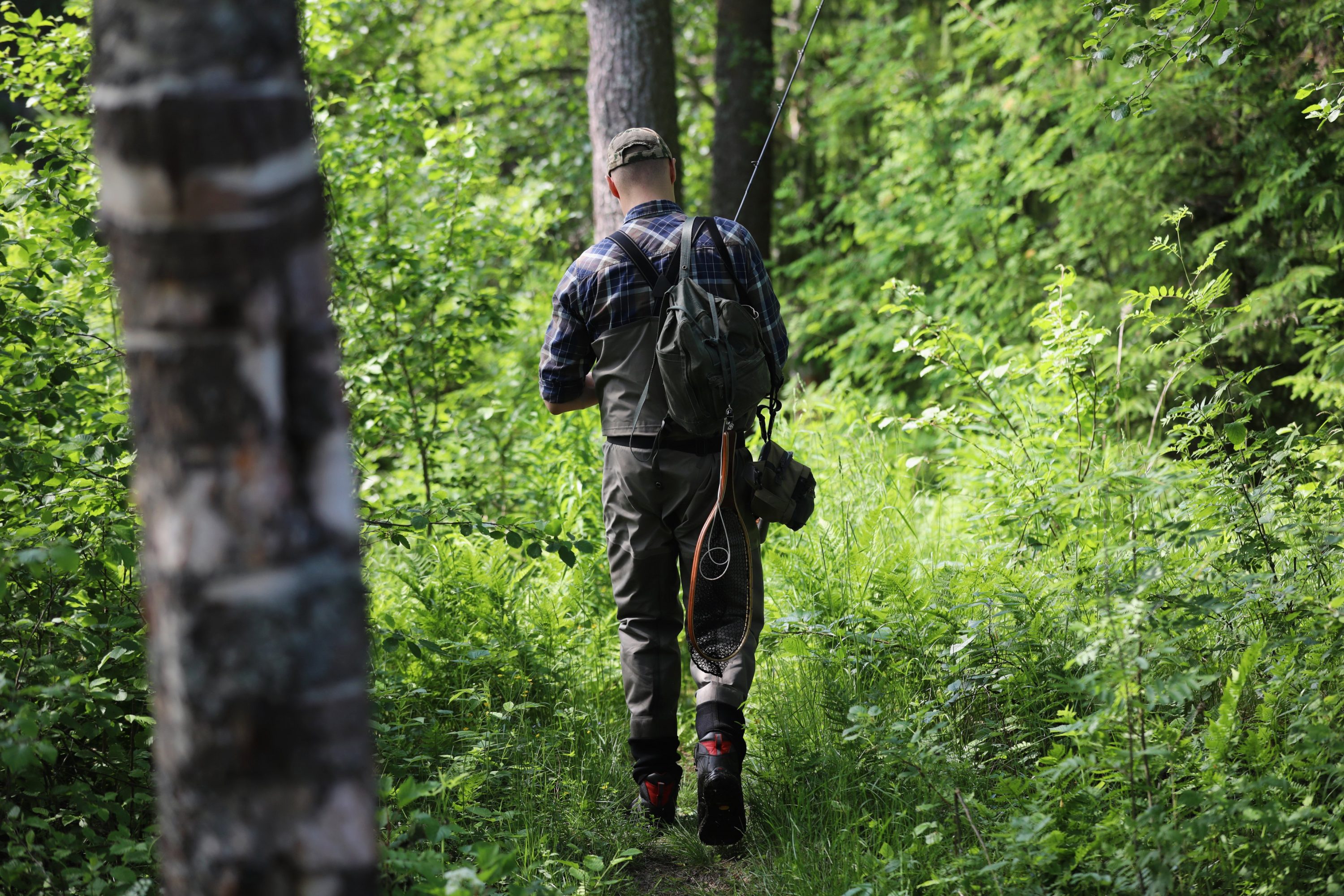 Mies kävelee metsässä kalastustarvikkeiden kanssa