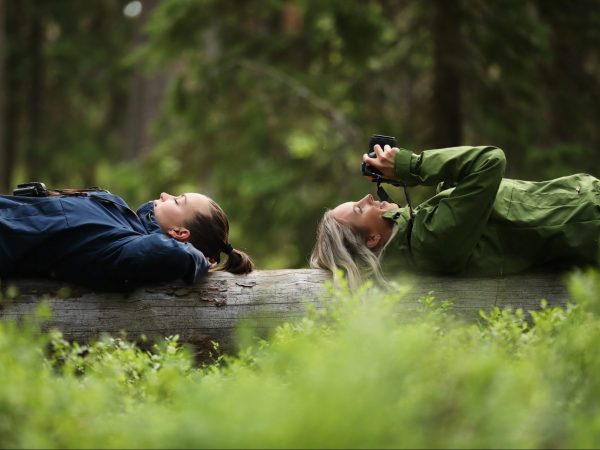 Naiset makaavat puunrungon päällä metsässä