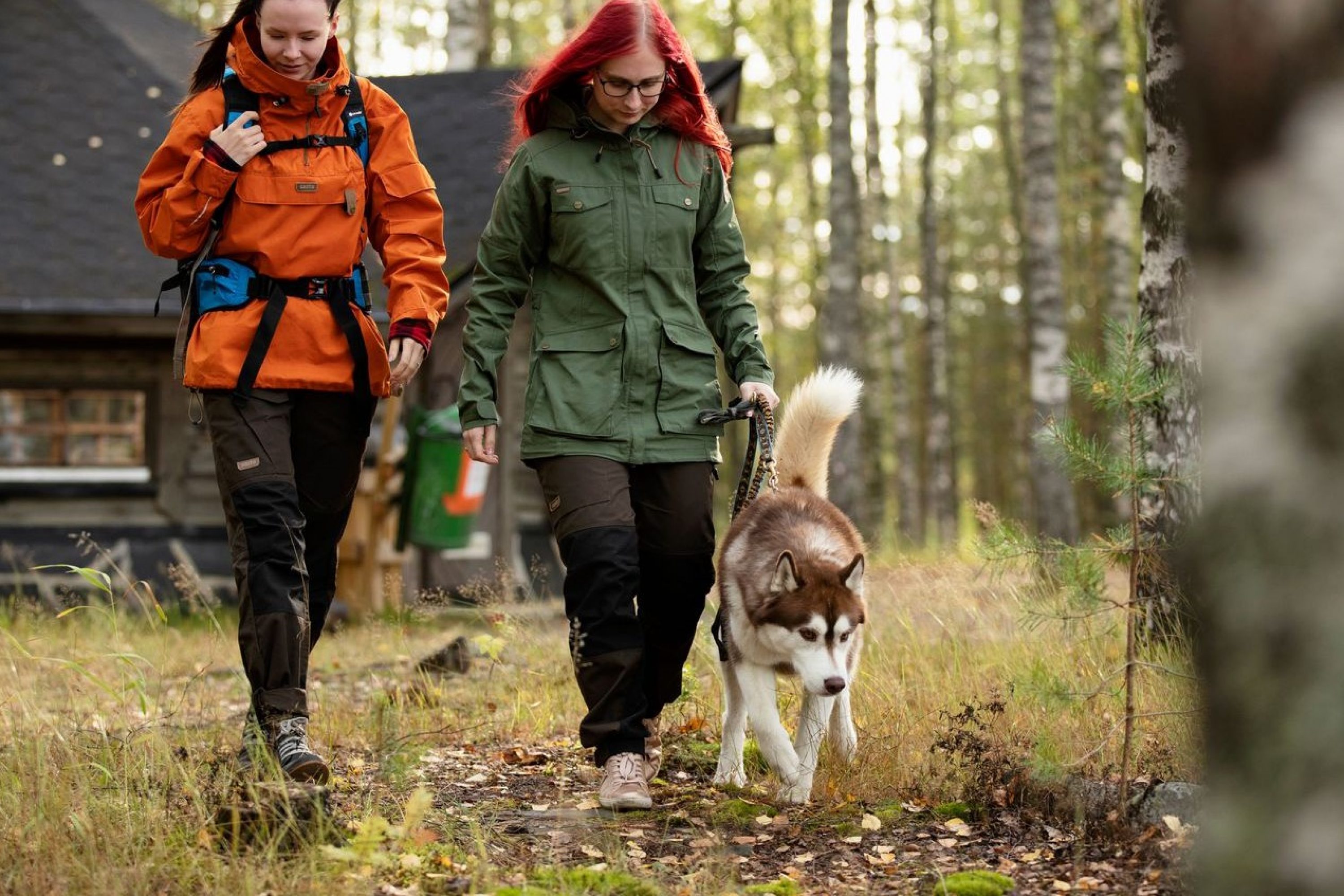 Kaksi naista ja koira syksyisessä metsässä kävelyllä
