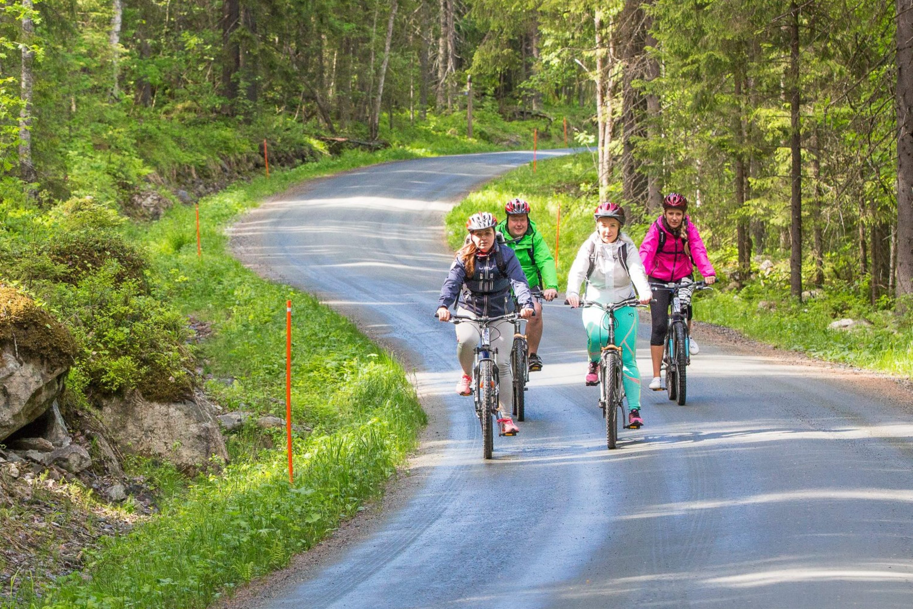 Neljä naista pyöräilemässä metsätiellä